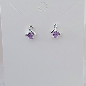 Sterling Silver Purple Teardrop Crystal/Stone Earrings – Delicate Swirl Design